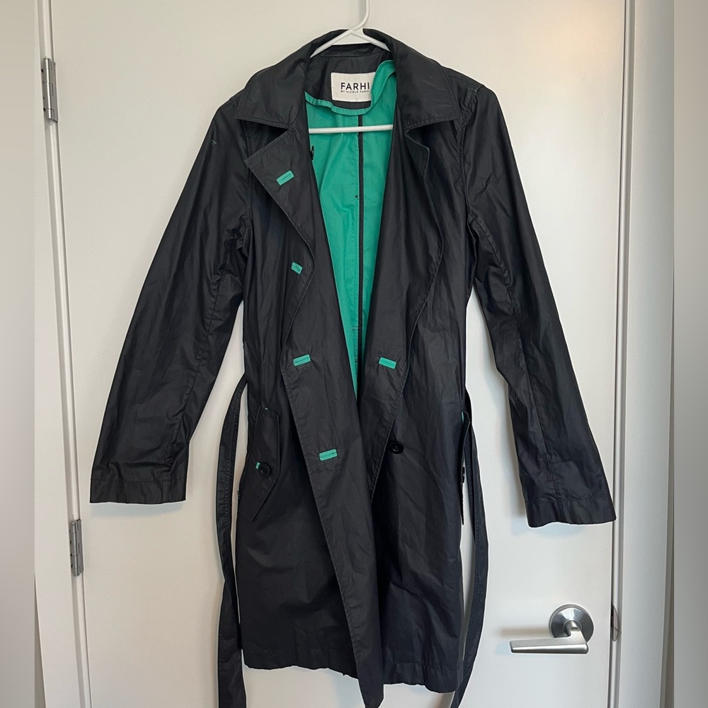 Nicole Fahri Navy Waterproof Trench Coat, Size 6